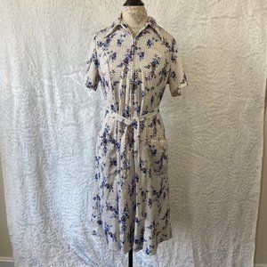 Vintage 60’sBlue White Floral tiny squares Print Flowers Belted Midi Dress